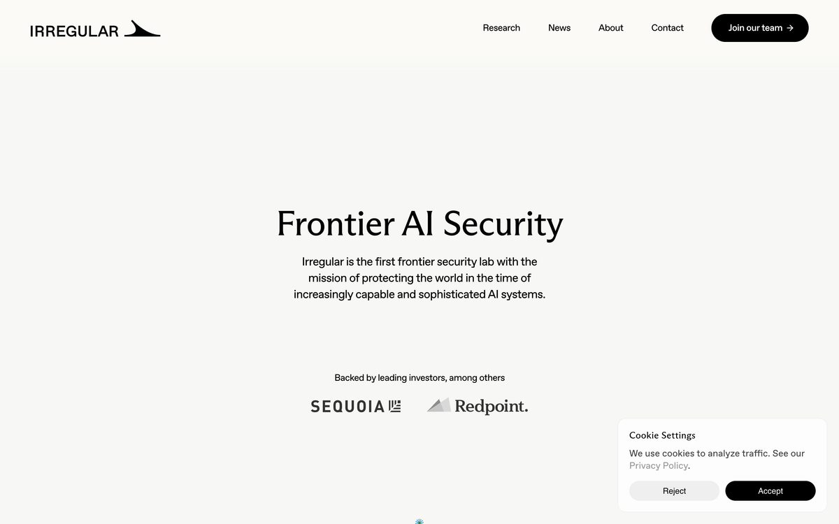 Irregular's homepage, headlined Frontier AI Security, showing Sequoia and Redpoint as backers