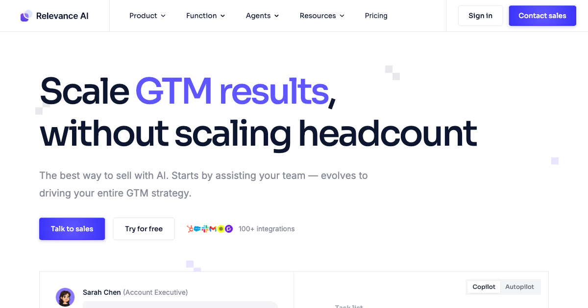Relevance AI platform showing AI agent builder with tools, memory, and multi-step workflow capabilities