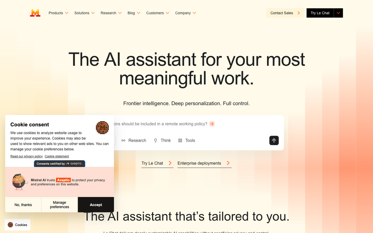 Mistral Le Chat product page showing the European AI assistant, the best GDPR friendly ChatGPT alternative for EU businesses in 2026