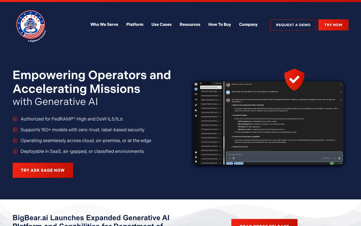 Ask Sage homepage, the US Army's enterprise generative AI workspace, showing model support and a token usage monitor in the interface