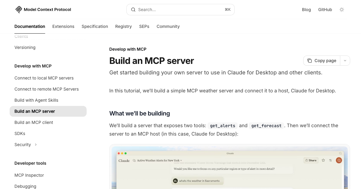 MCP server quickstart guide showing how to build a custom MCP server