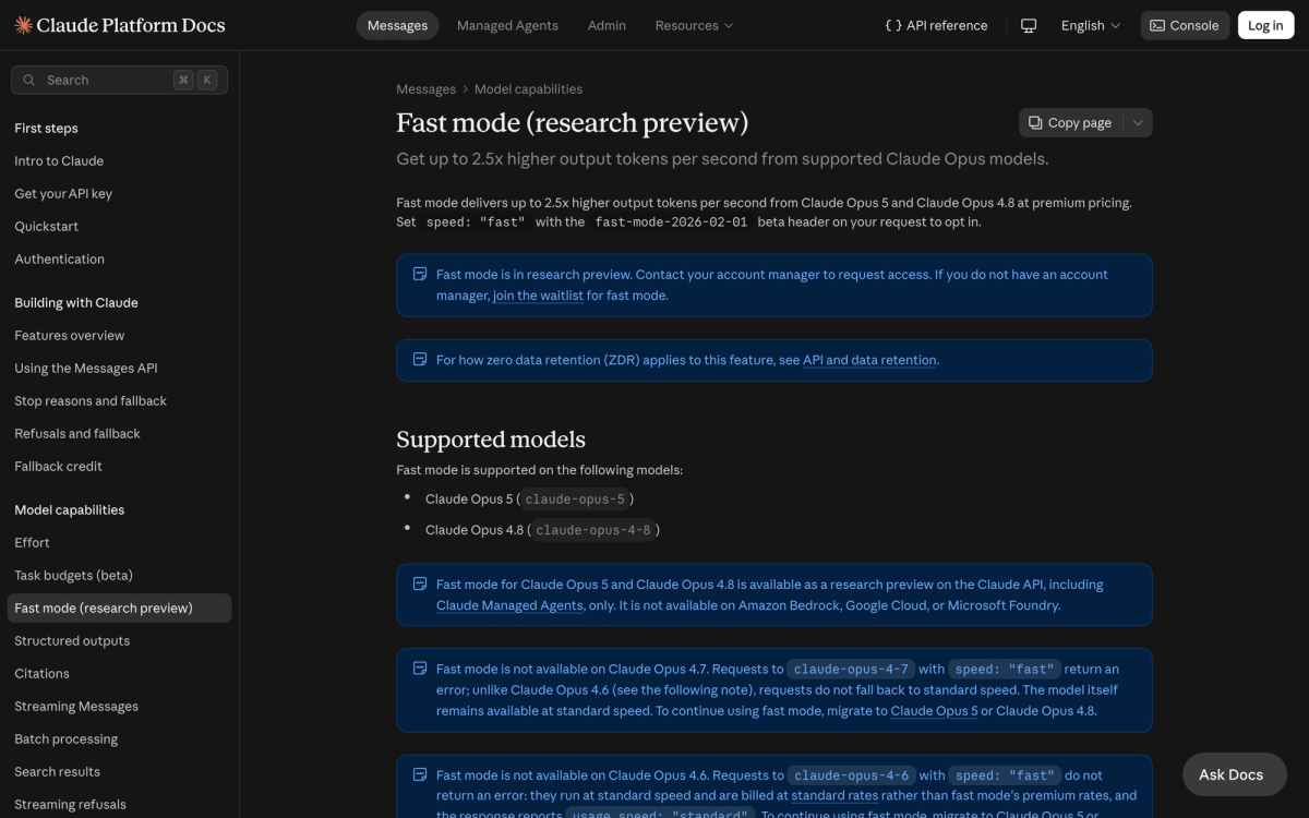 Anthropic Claude Platform docs page for Fast mode research preview stating up to 2.5x higher output tokens per second from Claude Opus 5 and Opus 4.8 at premium pricing