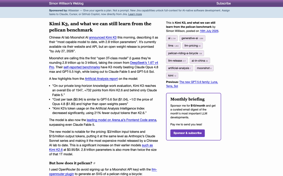 Simon Willison's blog post on Kimi K3 quoting Artificial Analysis cost per task figures