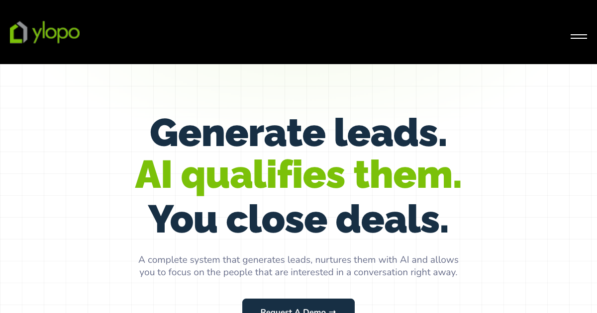 Ylopo AI real estate platform homepage showing AI voice and text lead nurturing tools for real estate teams