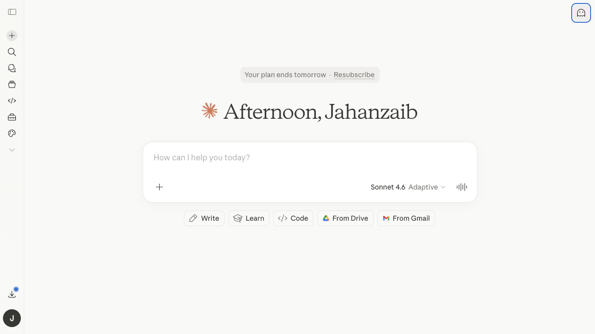 Claude.ai homepage showing the Claude chat interface, the most recommended ChatGPT alternative for coding and long form writing in 2026
