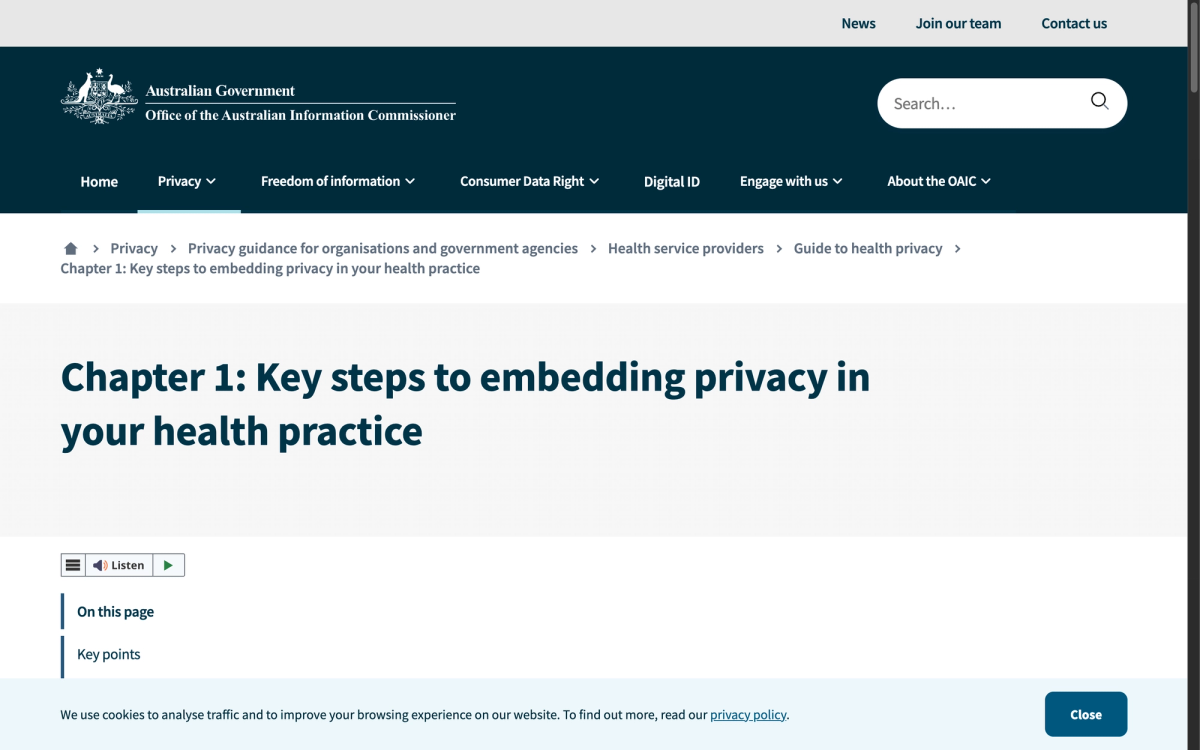 OAIC Guide to Health Privacy Chapter 1 page on key steps to embedding privacy in your health practice