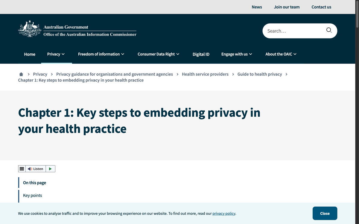 OAIC Guide to Health Privacy Chapter 1 page on key steps to embedding privacy in your health practice