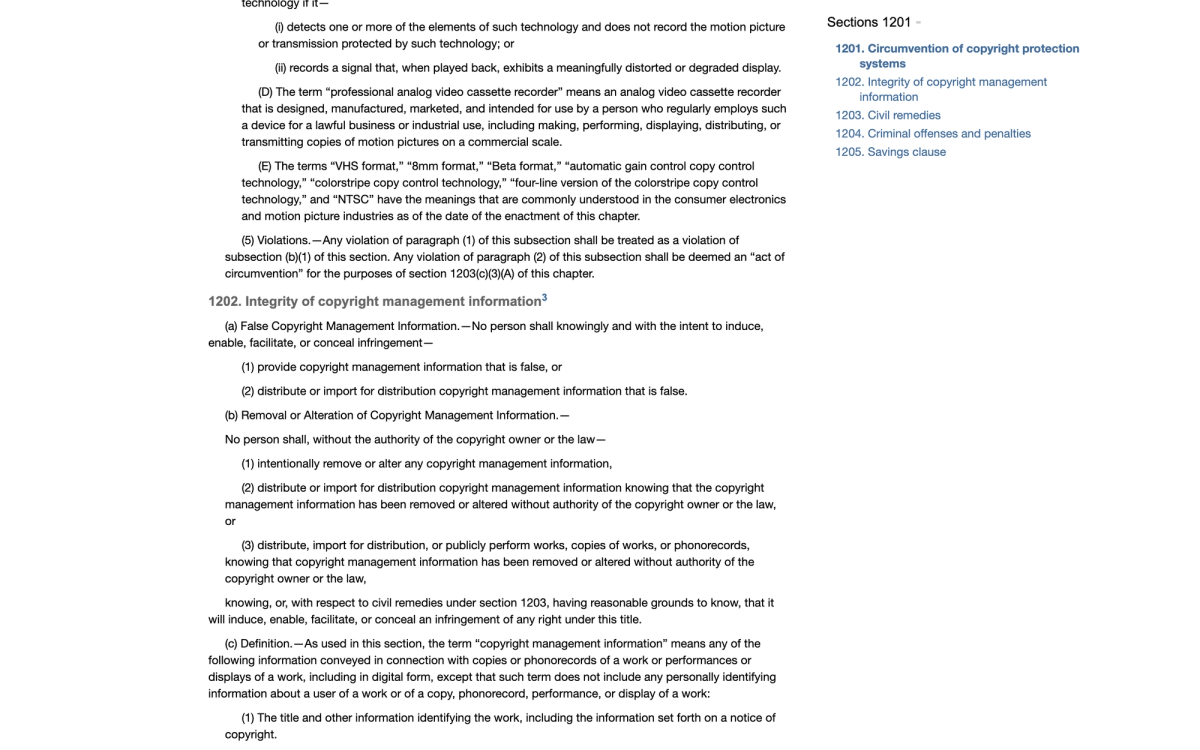 Copyright.gov text of 17 U.S.C. section 1202 showing subsection b on removal or alteration of copyright management information and subsection c defining CMI as the title and other information identifying the work