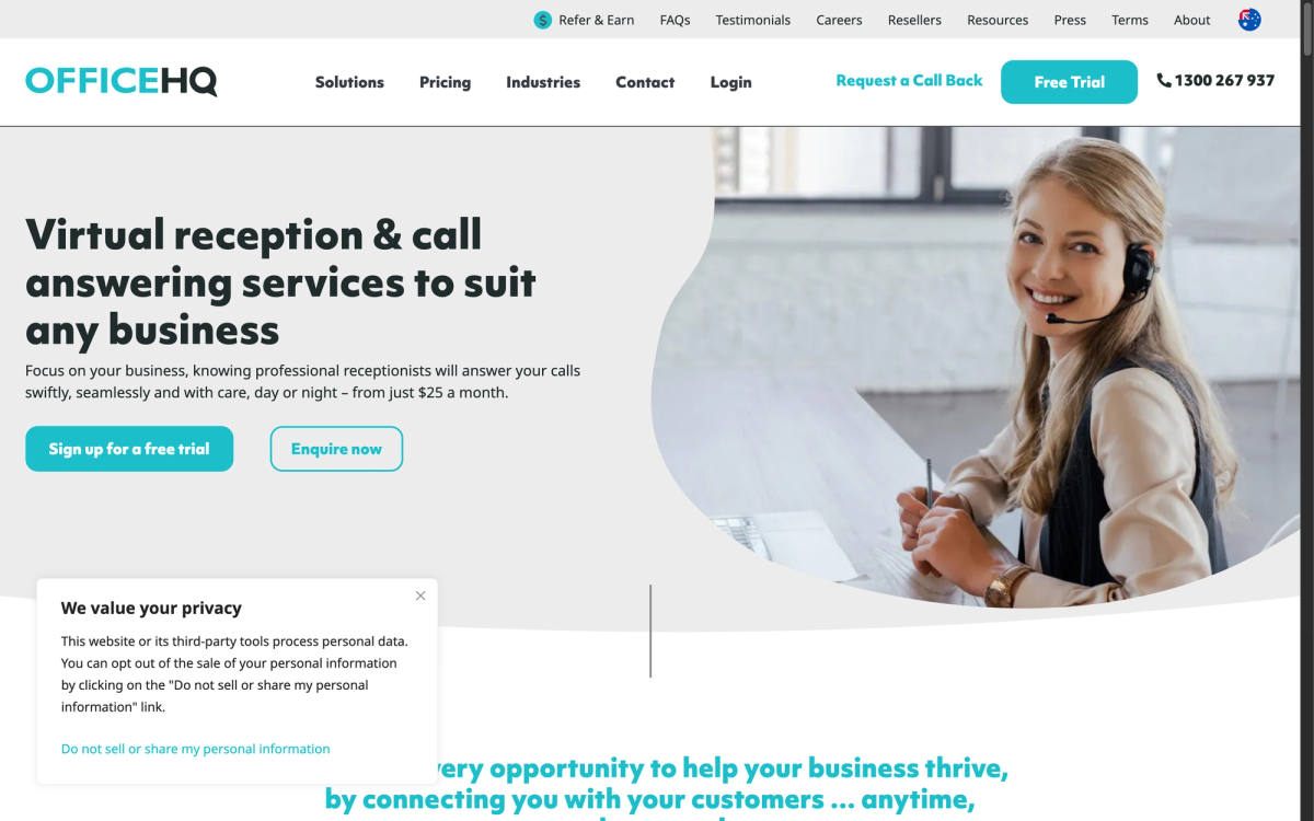 OfficeHQ MyReceptionist page advertising virtual reception and call answering services from just 25 dollars a month