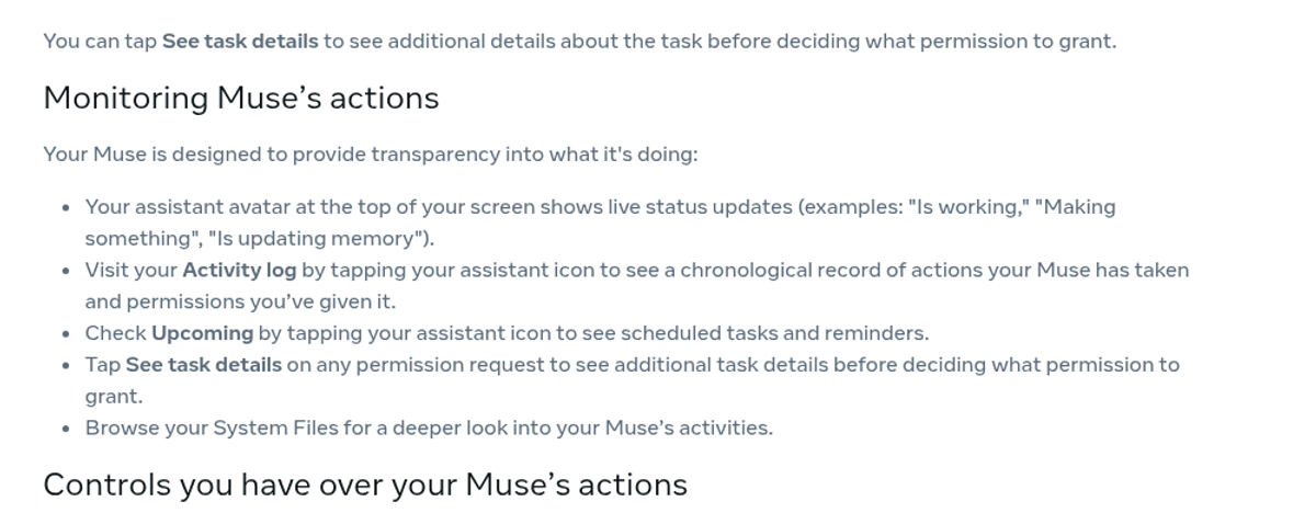 Meta Help Center page How Muse works with your guidance and approval, section Monitoring Muse's actions, describing the Activity log