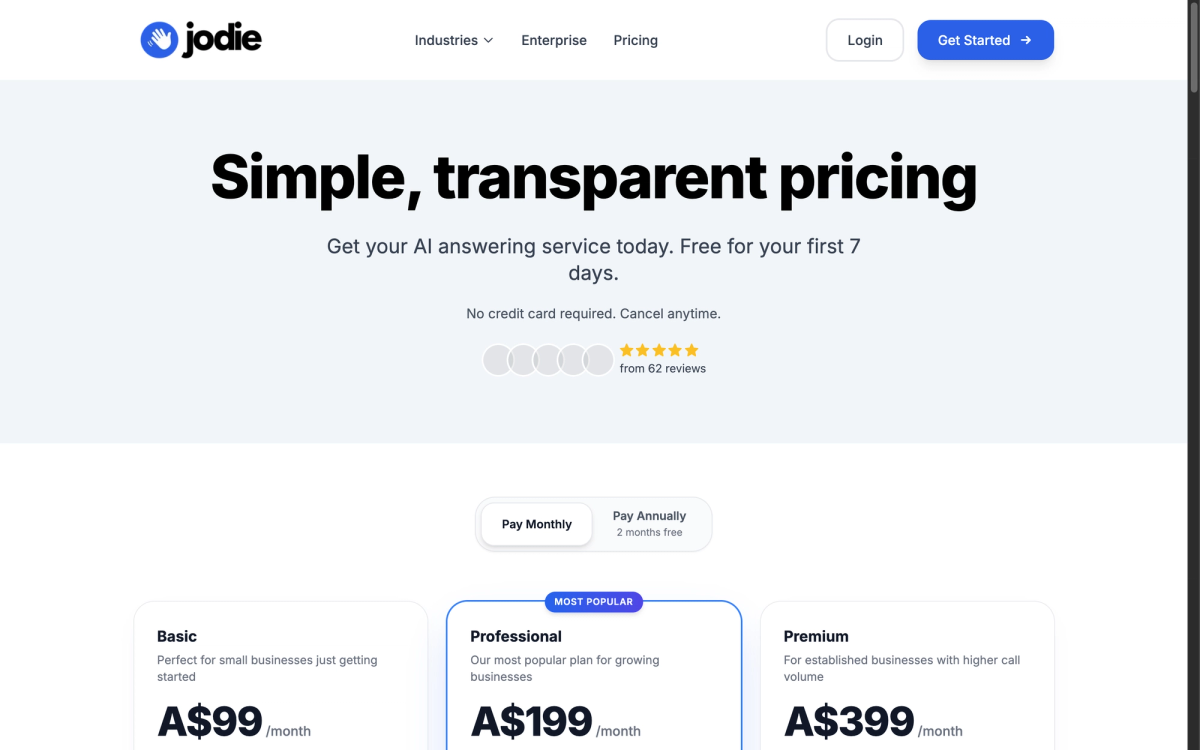 Hey Jodie AI receptionist pricing page showing Basic at A$99, Professional at A$199 and Premium at A$399 per month