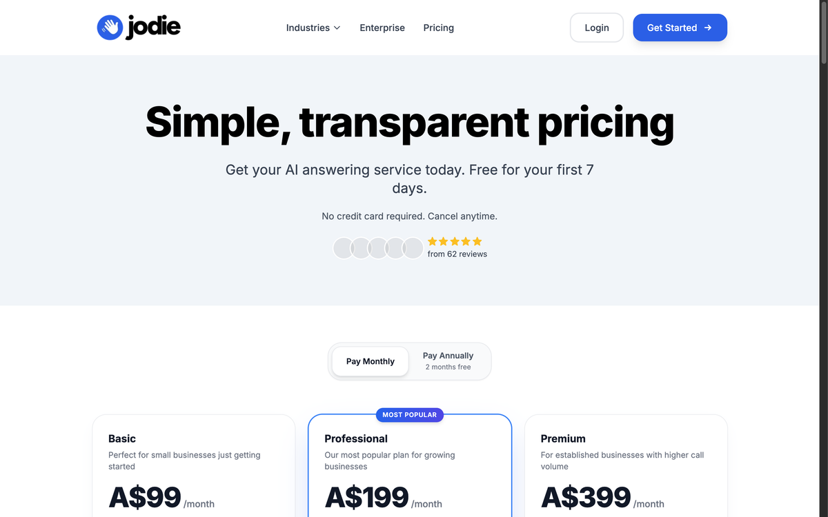 Hey Jodie AI receptionist pricing page showing Basic at A$99, Professional at A$199 and Premium at A$399 per month