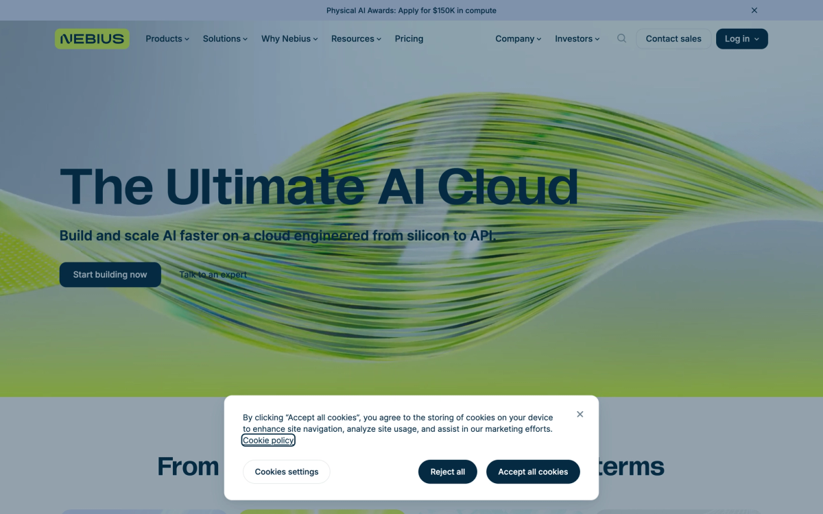 Nebius homepage headline reading The Ultimate AI Cloud with a Build and scale AI faster subheading
