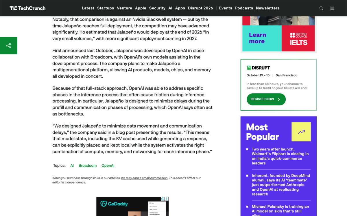 TechCrunch article body noting the comparison is against an Nvidia Blackwell system, that competition may have advanced by full deployment, and quoting OpenAI on minimizing data movement and keeping the KV cache local