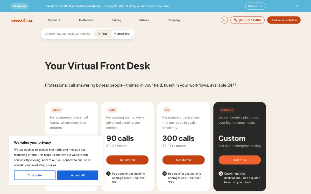 Smith.ai human receptionist pricing page showing Basic at 90 calls for $810 per month and Pro at 300 calls for $2,100 per month with per call overage rates