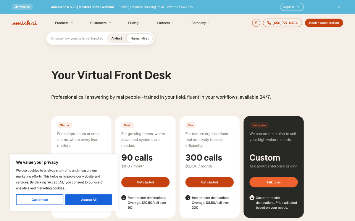 Smith.ai human receptionist pricing page showing Basic at 90 calls for $810 per month and Pro at 300 calls for $2,100 per month with per call overage rates