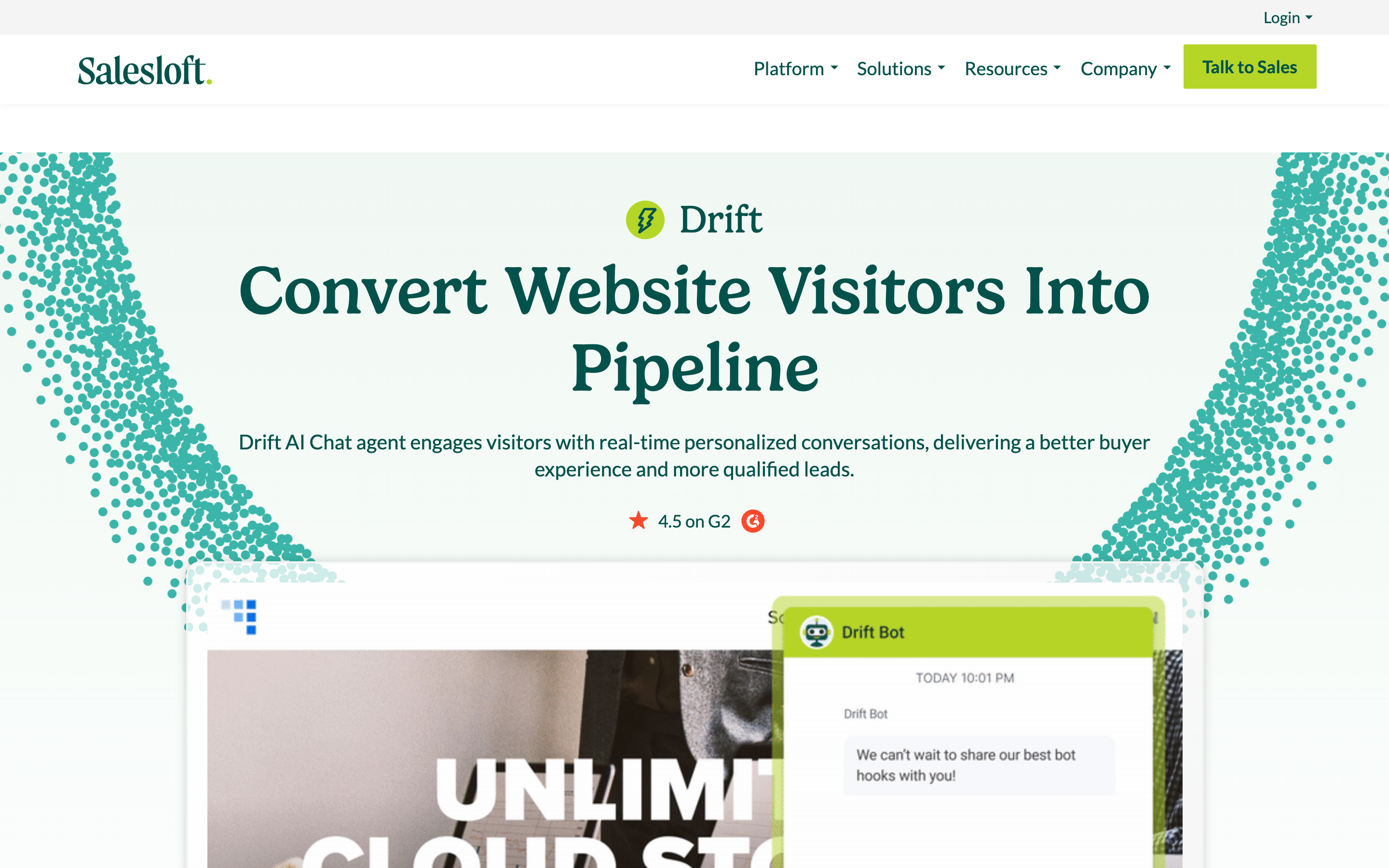 Drift conversational AI platform homepage showing B2B sales and marketing automation for lead qualification