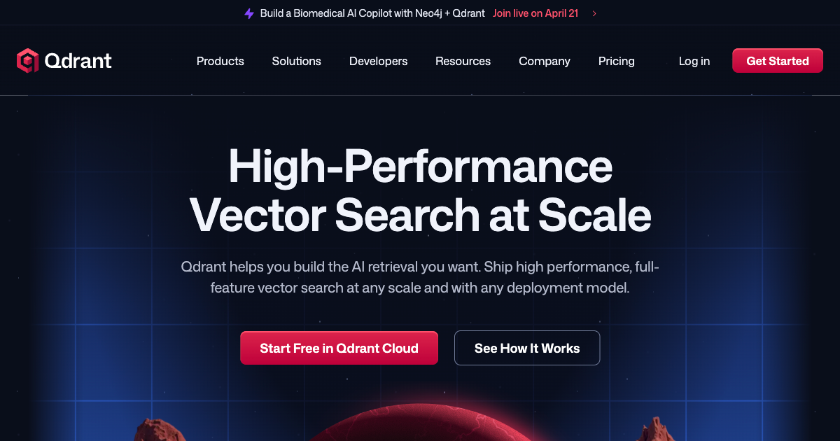 Qdrant homepage promoting high performance vector search at scale