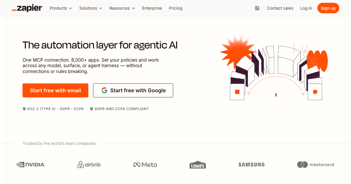 Zapier automation platform homepage showing AI workflow and agent building features