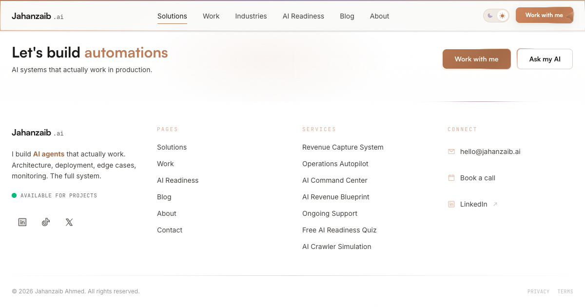 Jahanzaib Ahmed AI automation services packages page showing pricing tiers from AI Revenue Blueprint to AI Command Center