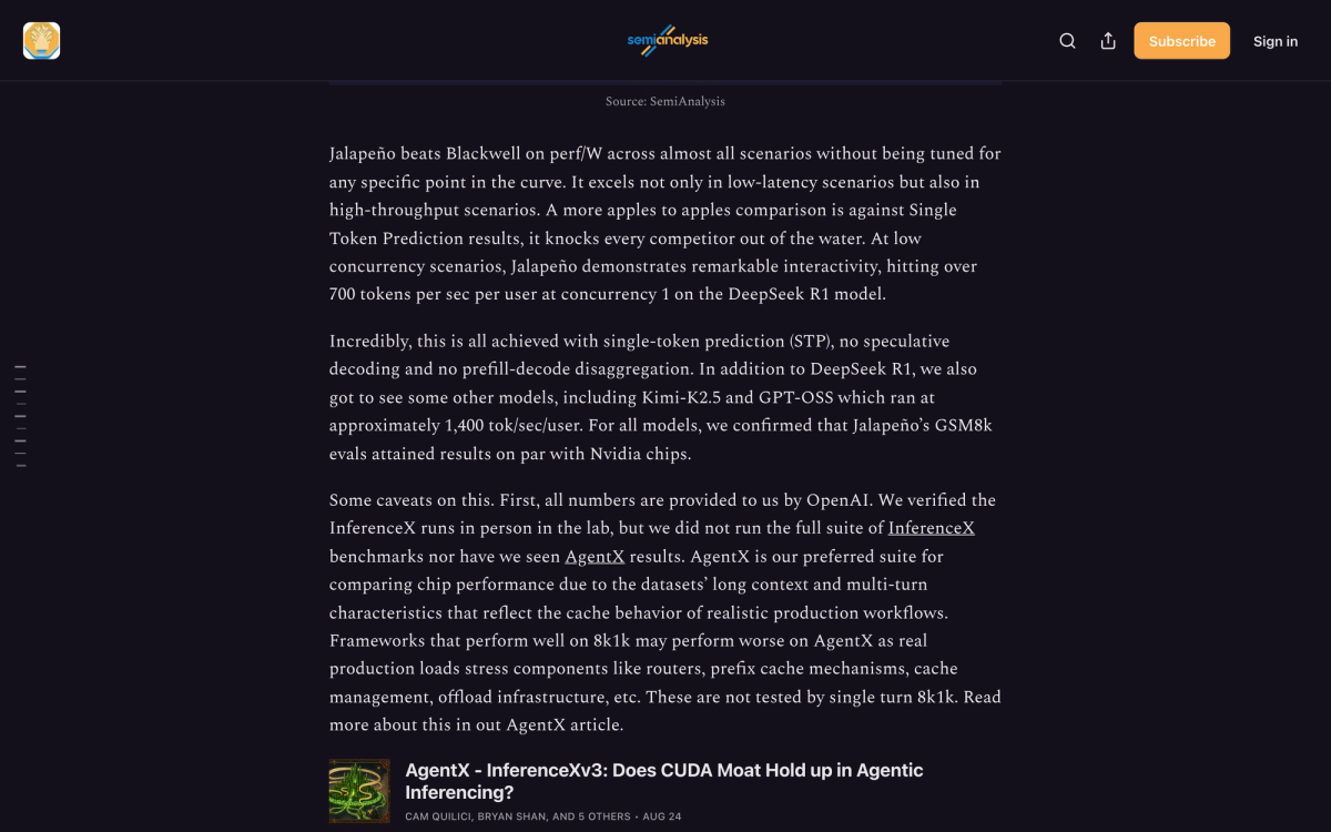 SemiAnalysis article paragraph stating that all Jalapeno numbers were provided by OpenAI, that they verified InferenceX runs in person but did not run the full suite, and that AgentX results have not been seen