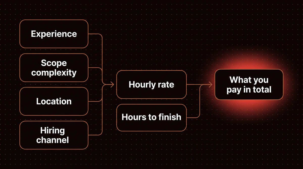 Experience, scope complexity, location and hiring channel set the hourly rate, which multiplies with hours to finish to give the total price
