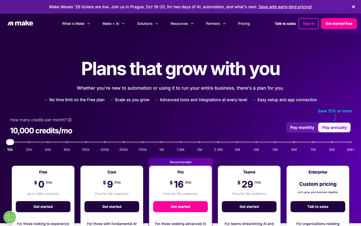 Make.com pricing page showing Free, Core at 9 dollars, Pro at 16 dollars and Teams at 29 dollars per month for 10,000 credits