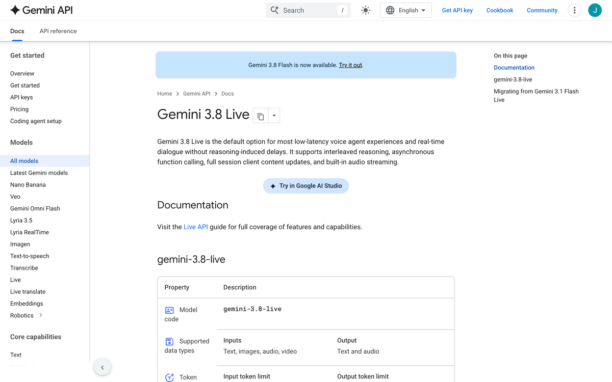 Gemini API documentation page for gemini-3.8-live listing caching, code execution, file search and structured outputs as not supported