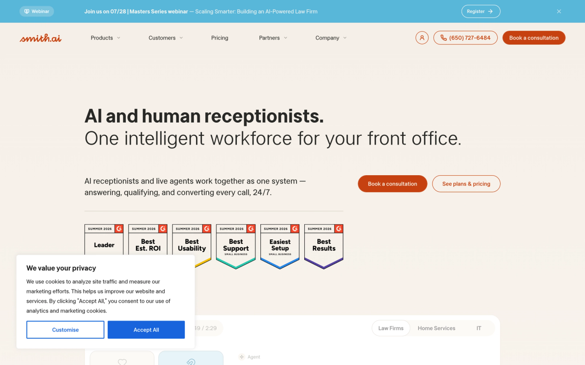 Smith.ai homepage describing AI and human receptionists as one workforce with 2026 G2 leader badges