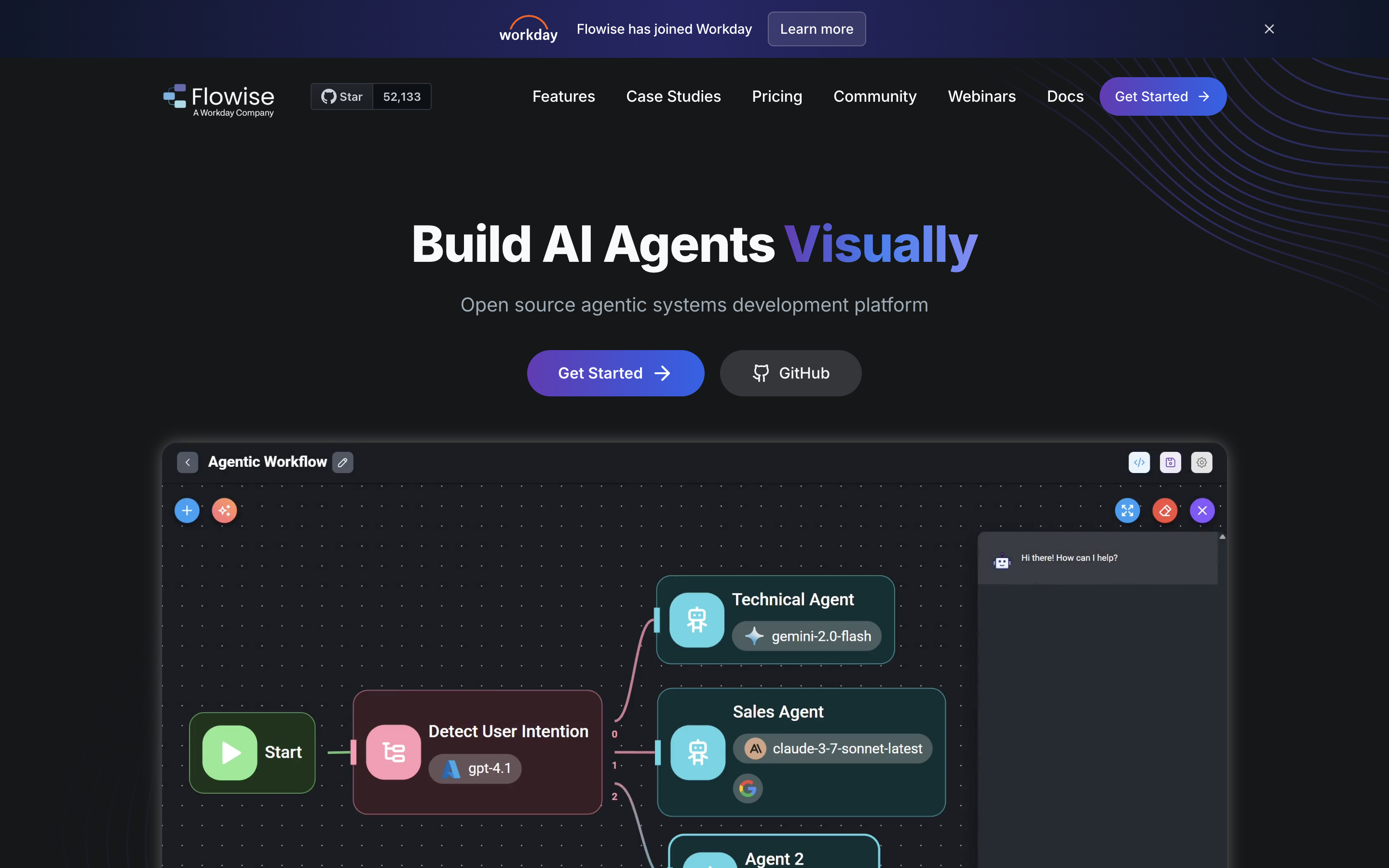Flowise AI homepage showing open source visual builder for LLM-powered chains, RAG pipelines, and autonomous AI agents