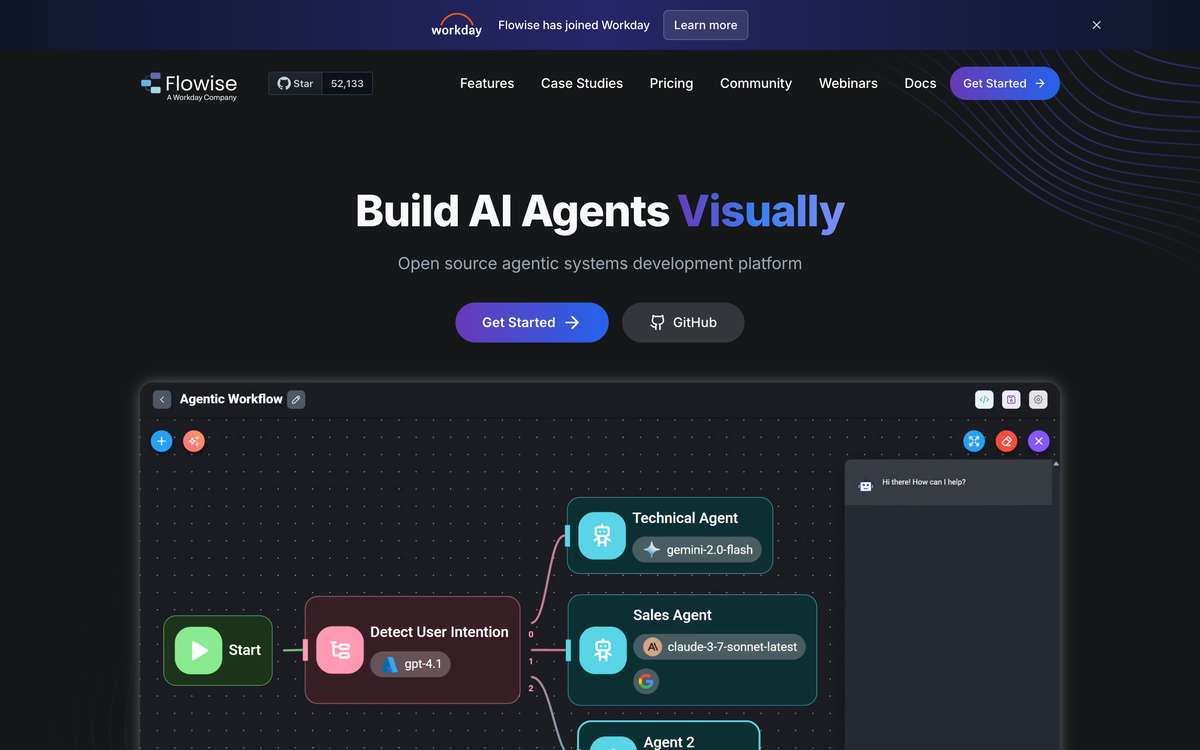 Flowise AI homepage showing open source visual builder for LLM-powered chains, RAG pipelines, and autonomous AI agents