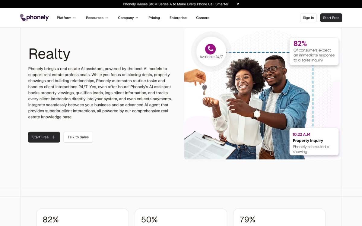 Phonely AI answering service for real estate agents showing 24/7 lead response and appointment booking for property inquiries