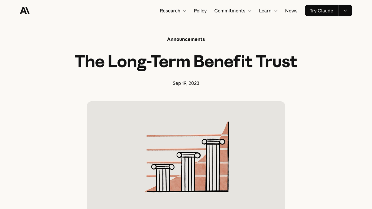 Anthropic's September 2023 announcement page for the Long-Term Benefit Trust, showing three ascending classical columns