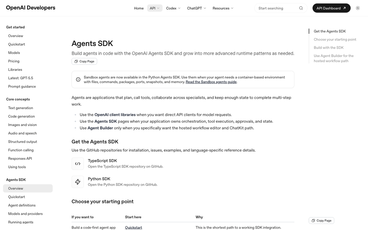 OpenAI Agent Builder documentation showing the visual canvas and code SDK for building AI agents in 2026