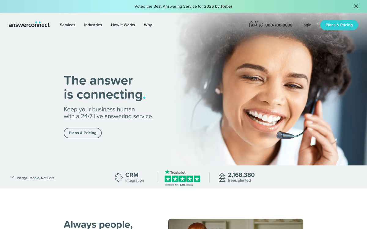 AnswerConnect homepage promoting keeping your business human with a 24/7 live answering service and Forbes badge