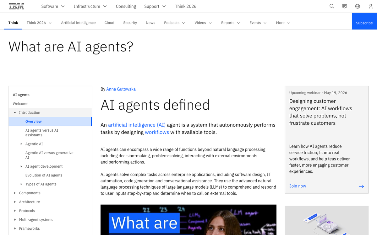 IBM Think page defining an AI agent as a system that autonomously performs tasks by designing workflows with available tools