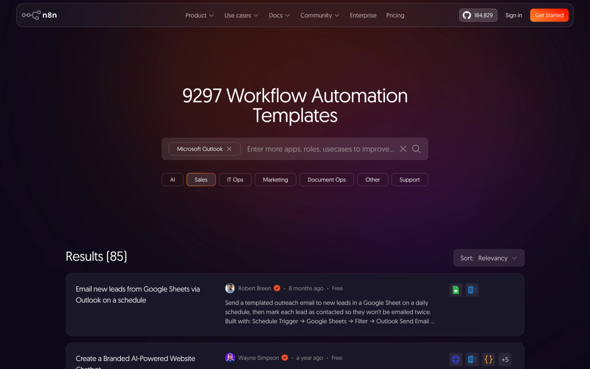 n8n workflow library showing hundreds of pre-built AI automation templates for small businesses