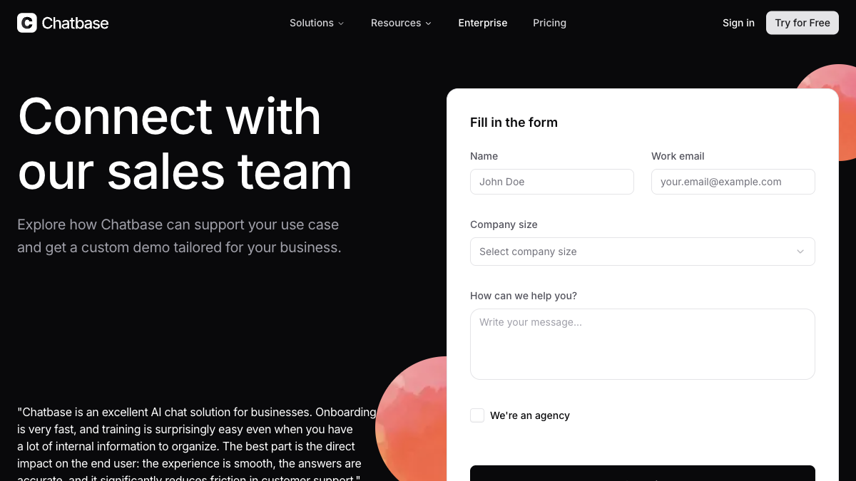 Chatbase homepage showing AI chatbot builder pricing and live agent dashboard
