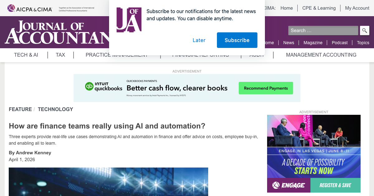 Journal of Accountancy April 2026 article on how finance teams are using AI and automation in practice