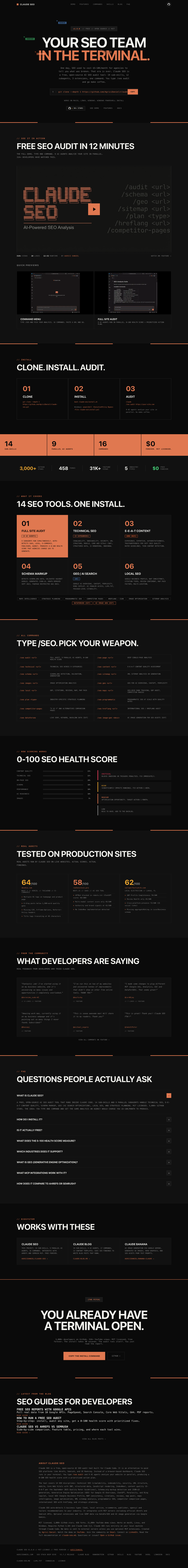 Claude SEO marketing site homepage showing the tagline Your SEO Team in the Terminal