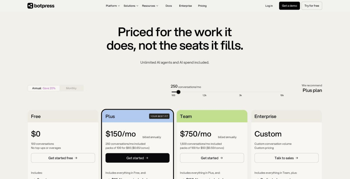 Botpress pricing page in October 2026: Free with 100 conversations, Plus at 150 dollars a month billed annually, Team at 750 dollars a month and custom Enterprise, priced per conversation