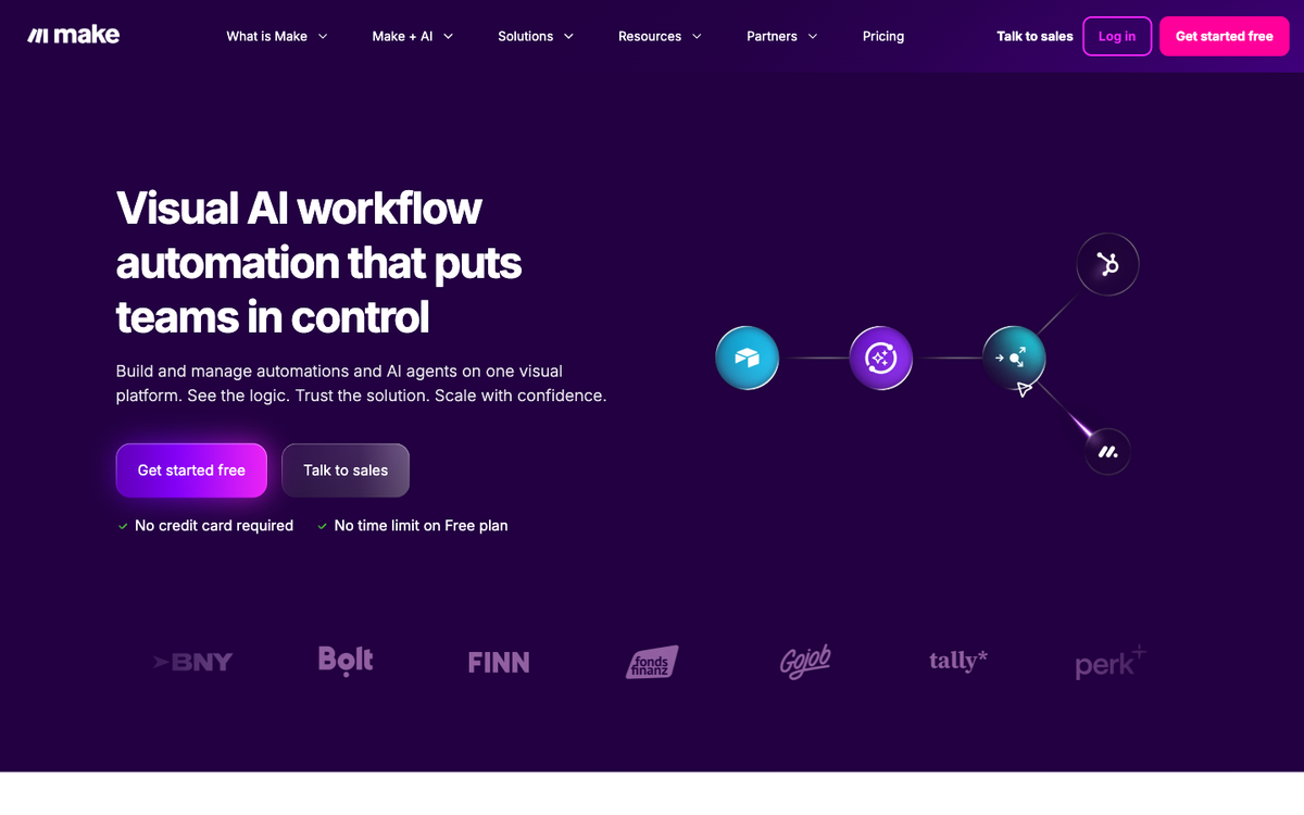 Make.com automation platform showing its visual workflow builder for connecting apps and automating business processes without coding