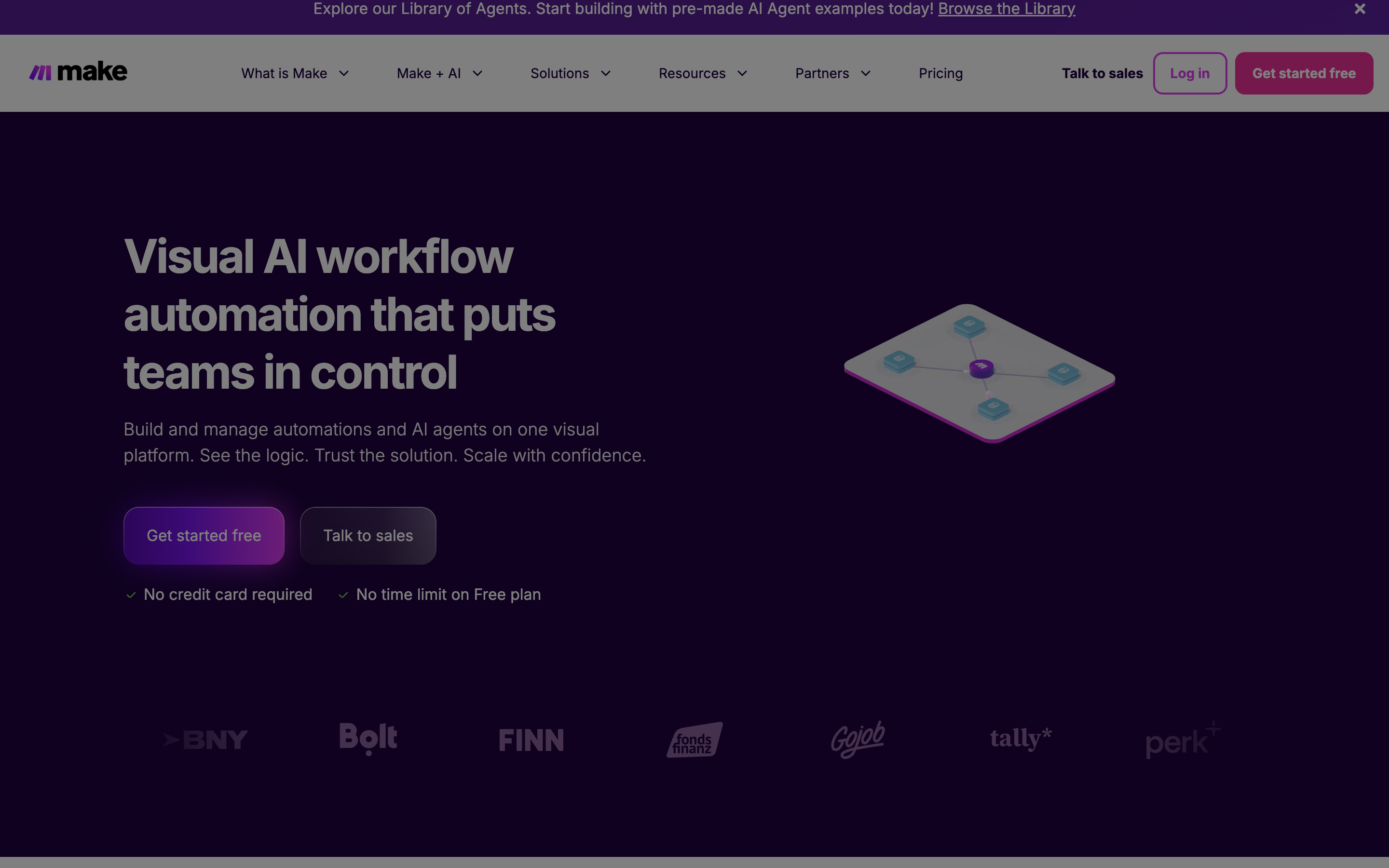 Make.com homepage showing the visual drag-and-drop workflow builder small businesses use to automate with AI