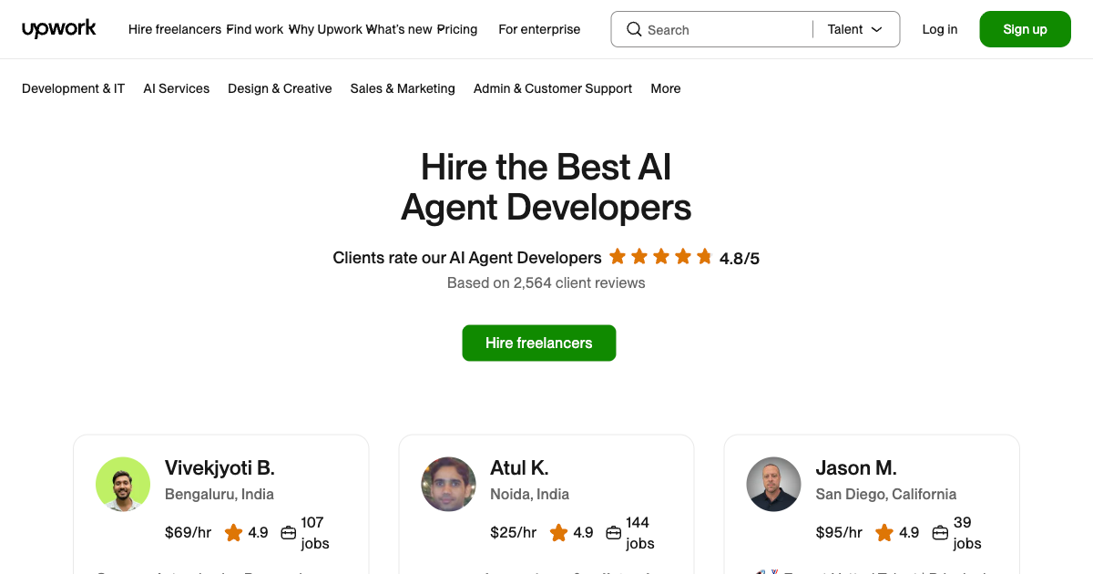 Upwork page for AI agent developers showing available specialists and filters for hourly rate, expertise level, and project type