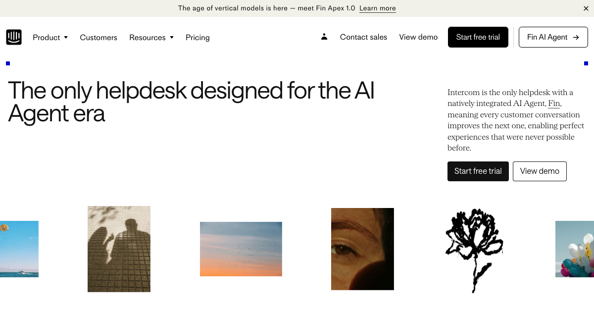 Intercom homepage showing enterprise customer service platform with AI agent Fin and multichannel inbox