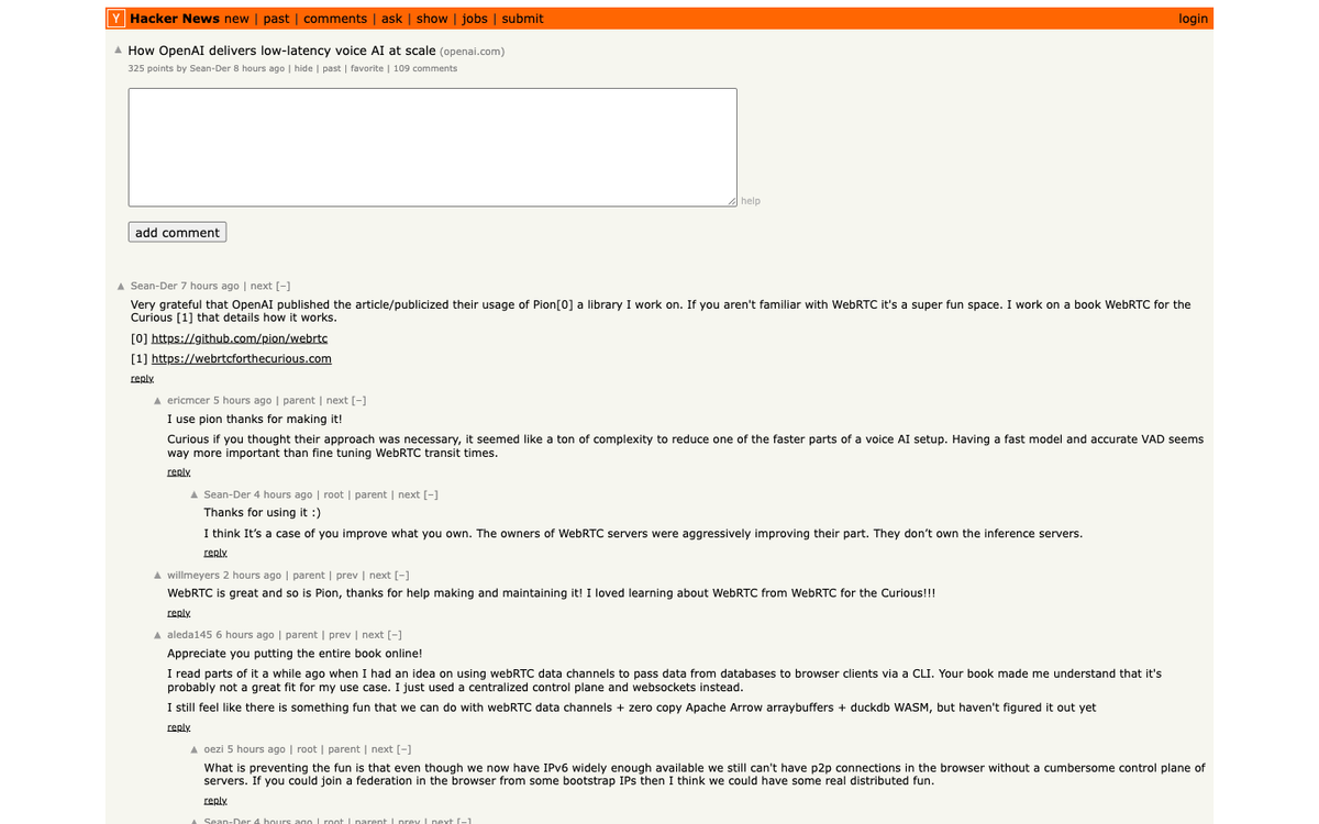 Hacker News thread on OpenAI voice AI post showing Sean DuBois and ericmcer discussion