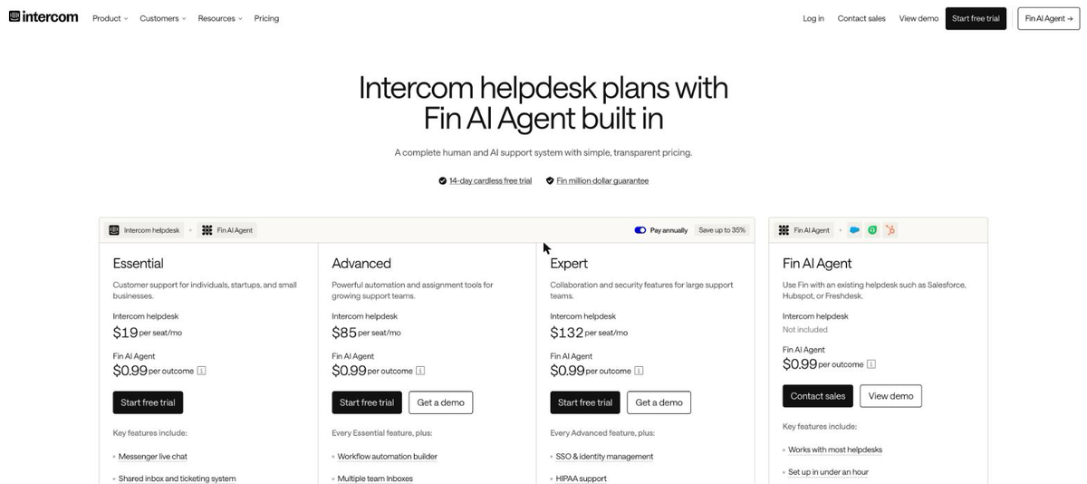 Intercom pricing page in October 2026 showing Essential at 19 dollars, Advanced at 85 dollars and Expert at 132 dollars per seat per month billed annually, with Fin AI Agent at 99 cents per outcome