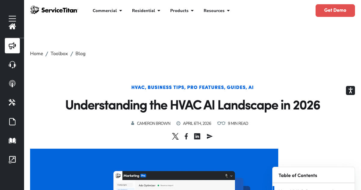 ServiceTitan HVAC AI landscape page showing scheduling, dispatch optimization, and predictive analytics features for contractors in 2026