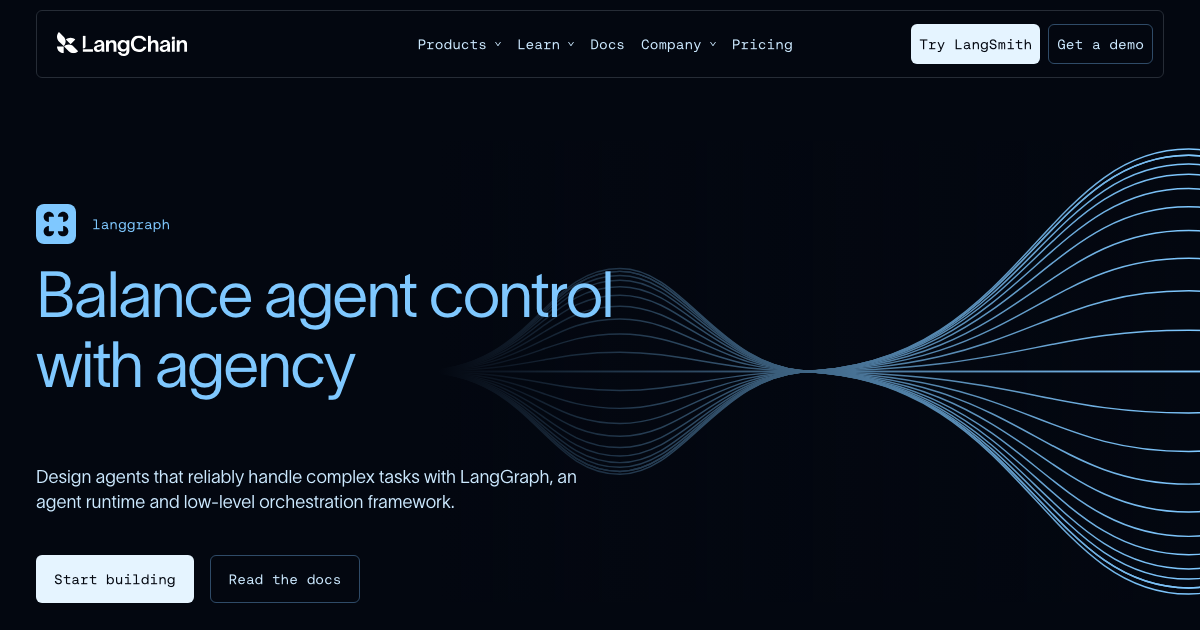 LangGraph product page showing the agent orchestration framework for building reliable AI agents