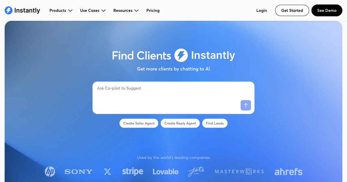 Instantly.ai platform homepage showing AI-powered email outreach and lead follow-up automation